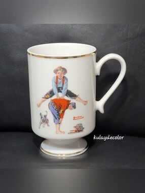 Norman Rockwell “Leapfrog” Porcelain Mug 1981 Danbury Mint Gold Trim Vintage